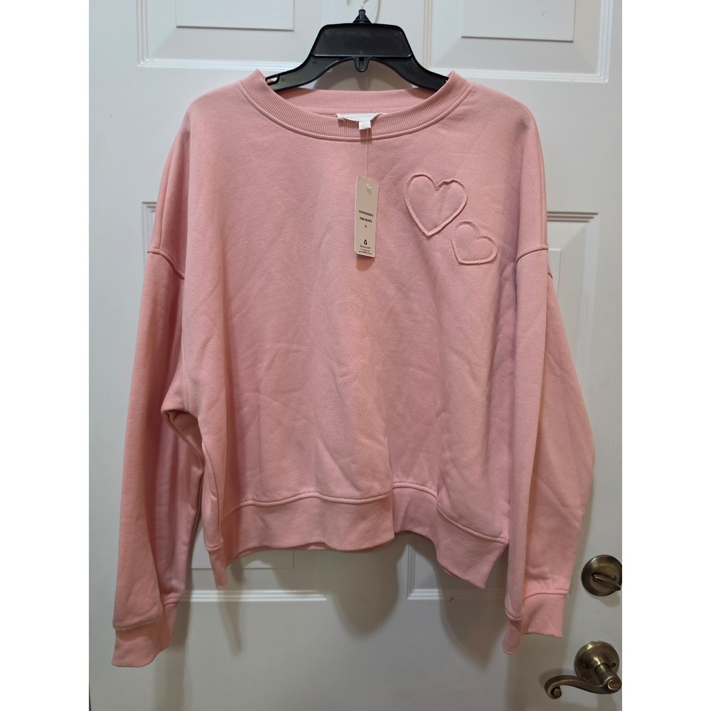 NWT Pink Rose Embossed Heart Fleece Crewneck Sweatshirt Pink Women's XL